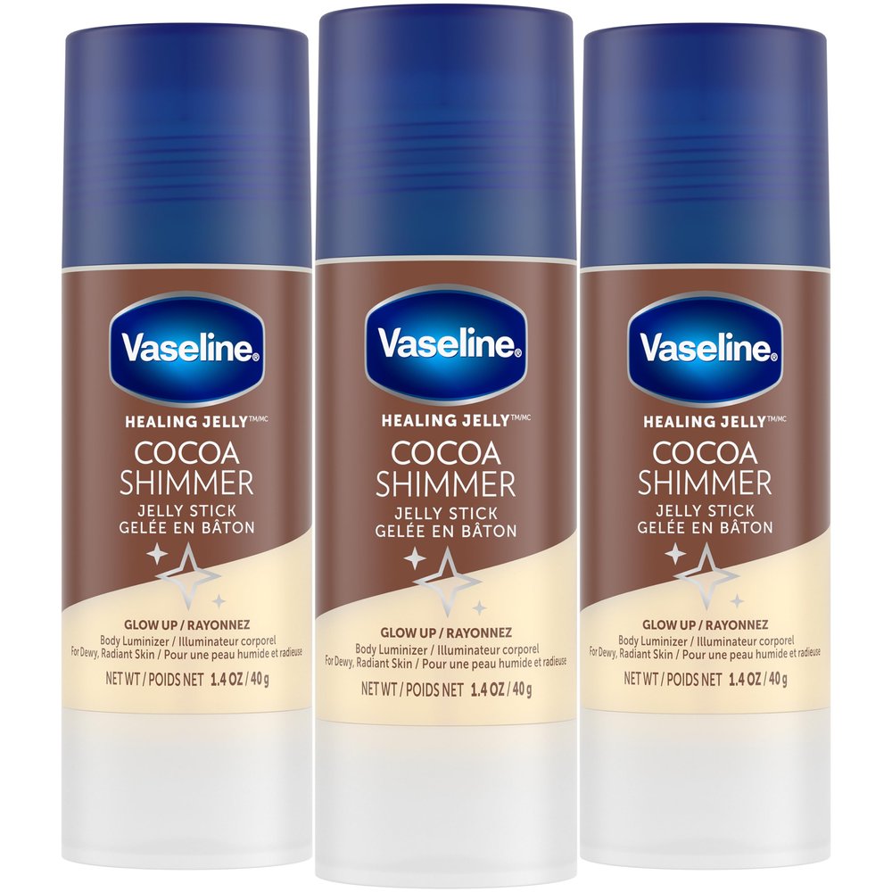 Vaseline Cocoa Shimmer Jelly Stick Non-Greasy Moisturizer for Glowing Skin, Face & Body Lotion, Travel-Size, 1.4 Oz Ea, Pack of 3.