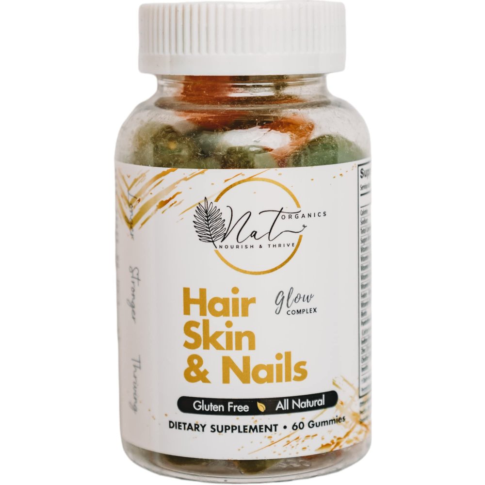 NAT Organics Glow Complex Hair Skin and Nails Gummy Vitamins for Rapid Hair Growth, Stronger Nails and Glowing Skin.