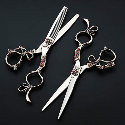 Professional Hair Cutting Shears, Professional Japan 440c 6 '' retro rosette hair scissors cutting barber cut scissor thinning shears hairdressing scissors (Color : Set)