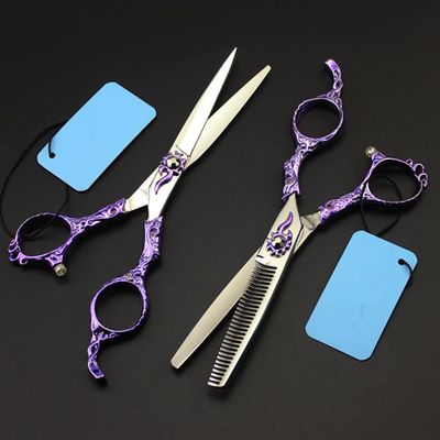 Professional Hair Cutting Shears, Professional japan 440c 9cr 6 inch Retro violet hair scissors thinning barber cutting shears hairdressing scissors (Color : Set)