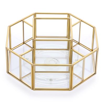 Hipiwe 360 Degree Rotating Glass Makeup Organizer- 5 Slots Gold Metal Cosmetic Storage Display Holder Octagon Dresser Bathroom Spinning Vanity Organizer For Makeup Brushes, Lipsticks, Perfume