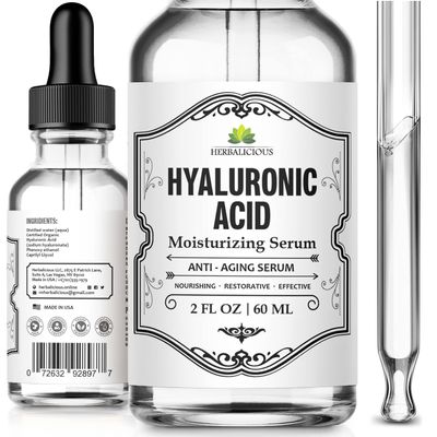 Herbalicious Hyaluronic Acid Serum  Hyaluronic Acid Serum for Face  Paraben-Free Pure Hyaluronic Acid  Moisture Boost Hydrating Serum  Anti-Aging Serum for Fine Lines, Wrinkles  2oz