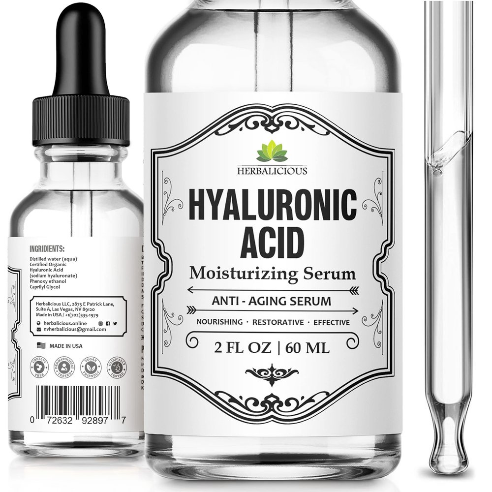 Herbalicious Hyaluronic Acid Serum  Hyaluronic Acid Serum for Face  Paraben-Free Pure Hyaluronic Acid  Moisture Boost Hydrating Serum  Anti-Aging Serum for Fine Lines, Wrinkles  2oz