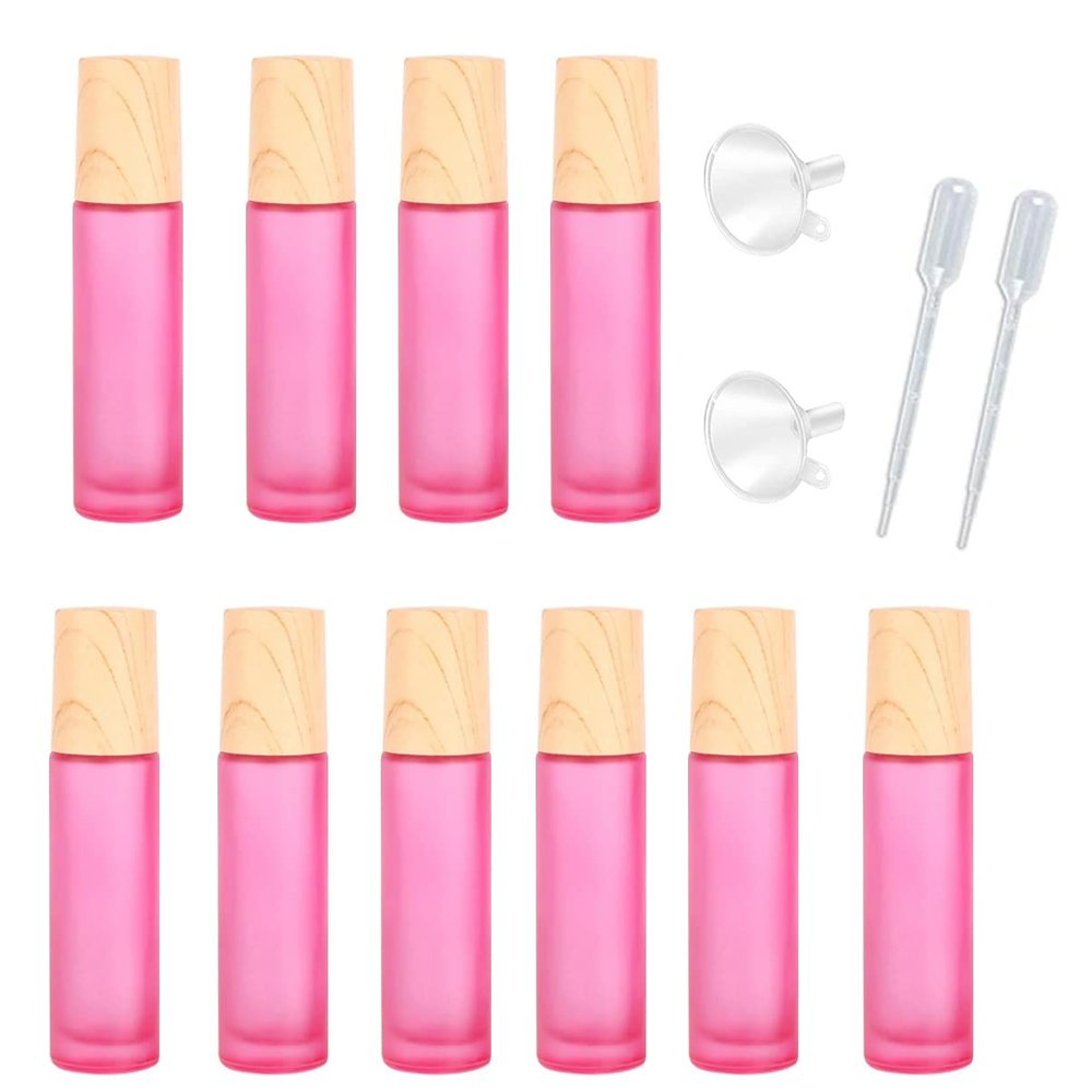 10 Pcs Frosted Glass Essential Oils Roll on Bottles,10ml Refillable Massage Roller Bottles Perfume Bottles with Stainless Steel Ball Wood Grain Cap Empty Travel Roller Essential Oils Vials(Pink)