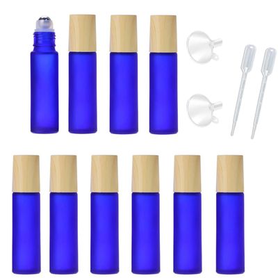 10 Pcs Frosted Glass Essential Oils Roll on Bottles,10ml Refillable Massage Roller Bottles Perfume Bottles with Stainless Steel Ball Wood Grain Cap Empty Travel Roller Essential Oils Vials(Blue)