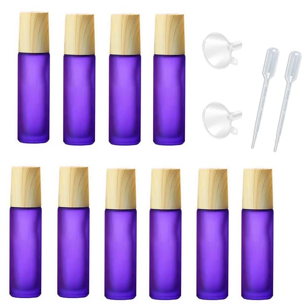 10 Pcs Frosted Glass Essential Oils Roll on Bottles,10ml Refillable Massage Roller Bottles Perfume Bottles with Stainless Steel Ball Wood Grain Cap Empty Travel Roller Essential Oils Vials(Purple)