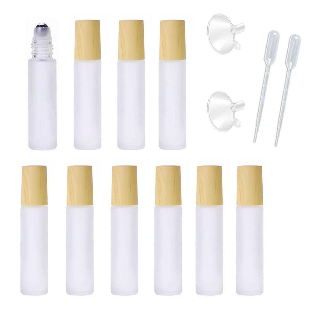 10 Pcs Frosted Glass Essential Oils Roll on Bottles,10ml Refillable Massage Roller Bottles Perfume Bottles with Stainless Steel Ball Wood Grain Cap Empty Travel Roller Essential Oils Vials(White)