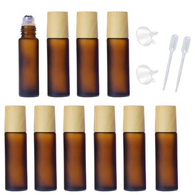 10 Pcs Frosted Glass Essential Oils Roll on Bottles,10ml Refillable Massage Roller Bottles Perfume Bottles with Stainless Steel Ball Wood Grain Cap Empty Travel Roller Essential Oils Vials(Brown)