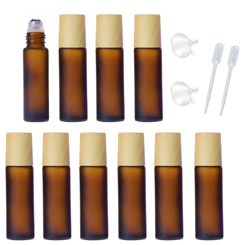 10 Pcs Frosted Glass Essential Oils Roll on Bottles,10ml Refillable Massage Roller Bottles Perfume Bottles with Stainless Steel Ball Wood Grain Cap Empty Travel Roller Essential Oils Vials(Brown)