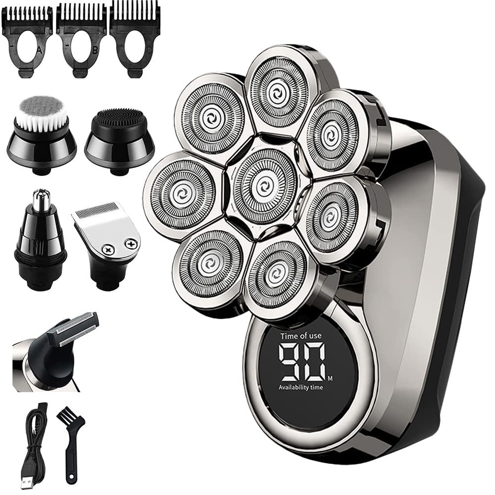 8D Head Shaver for Men Bald Shavers USB Charging 6 in 1 Waterproof Electric Razor Floating Head, Bald Grooming Kit with Nose Trimmer, Massager, Brush, Wet and Dry
