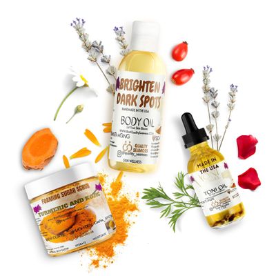 Kojic Turmeric Dark Spot Oil, Body Scrub, and Yoni Oil Bundle, Includes Dark Spot Corrector and Body Exfoliator for Blemishes with Feminine Oil for pH Balance and Odor Control - 3 in 1 Pack for All sk