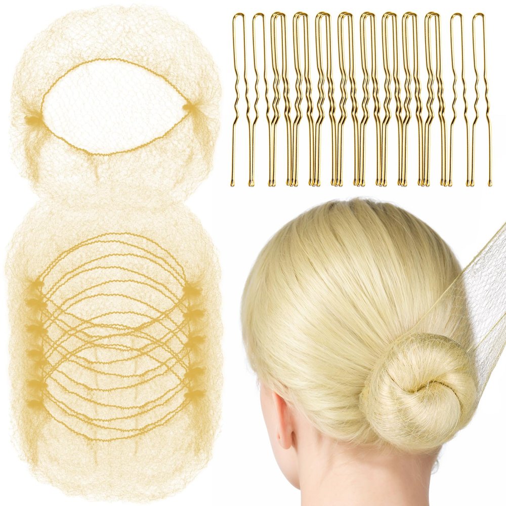 Fandamei 20PCS Hair Nets Invisible, Gold Elastic Edge Mesh, 20inch(50cm), for Bun & 40PCS U Shaped Hair Pins, Gold, 2.4inch(6cm), for Women, girls, Ballet Bun Maker Dance