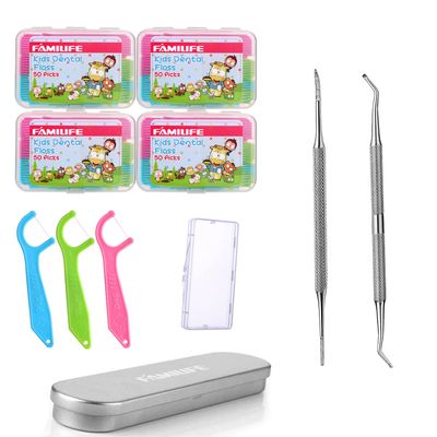 FAMILIFE Dental Floss Picks Kids flossers Toddler Threaders Children Unwaxed Unflavored Fluoride Free 200 Picks and 100% Stainless Steel Ingrown Toenail File and Lifter Double Sided with Storage Case