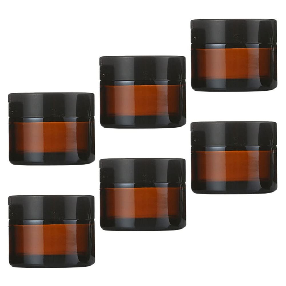 Beavorty 6sets Leak Glass Cream Sample Jars for Travel Refillable Face Cream Containers Reliable Lid Design Brown Bottles Black Caps for Skincare and Cosmetics