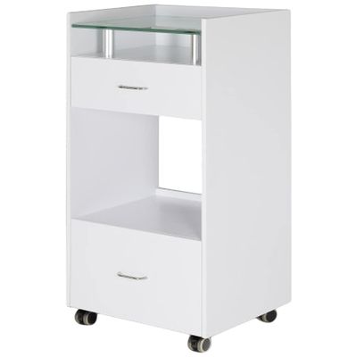 J & A Glass Top Spa Trolley for Salons, Spas & Estheticians - White Finish, Frosted Glass Shelf, 2 Storage Drawers, Open Lower Compartment, Rolling Casters for Mobility, JA-DP-Trolley (White)