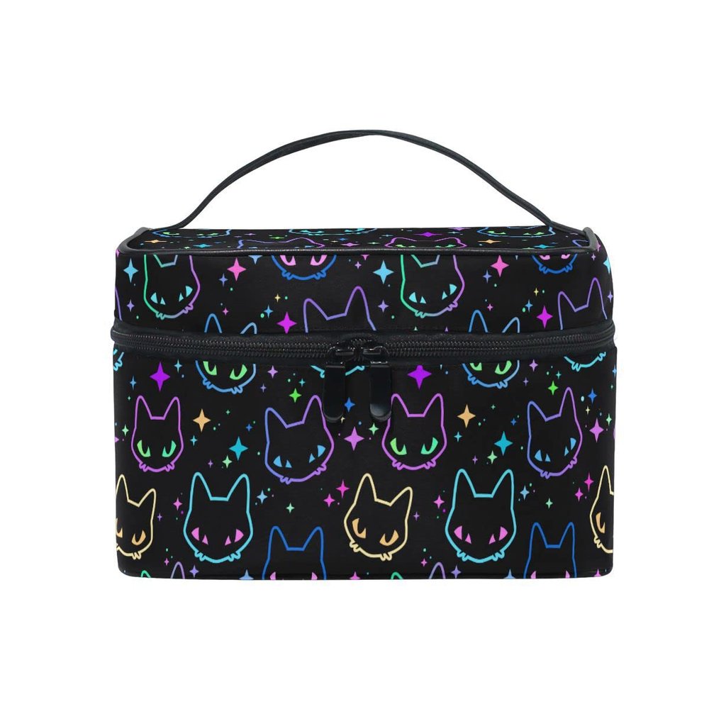 Goth Makeup Bag, Colorful Neon Cat Heads Makeup Organizer Bags Toiletry Bag Box Travel Cosmetic Bag Make Up Train Case for Women Teen Girl Ladies