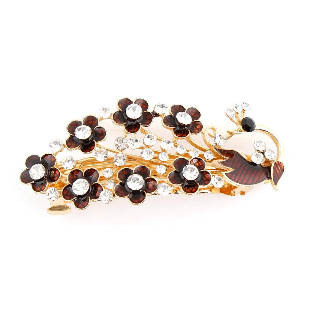 Ruilogod Dark Brown Peacock Design Flower Decor Barrette French Clip for Women (id: c74 1a8 c1b 2f4 183