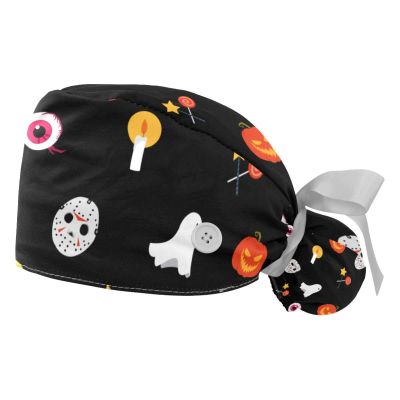 Adjustable Scrub Bouffant Caps, 2 Packs Candle Skull Ghost Halloween Working Hat Hair Cover with Ponytail Pouch, Soft Surgical Nurse Cap