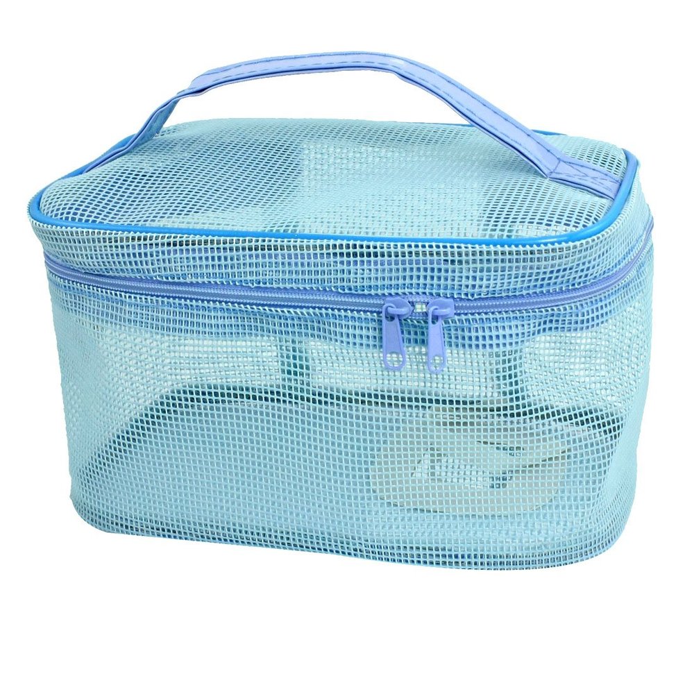 Ruilogod Lady Hollow Out Design Travel Dual Zippered Plastic Cosmetic Bag Light Blue (id: ded e79 647 57e a54