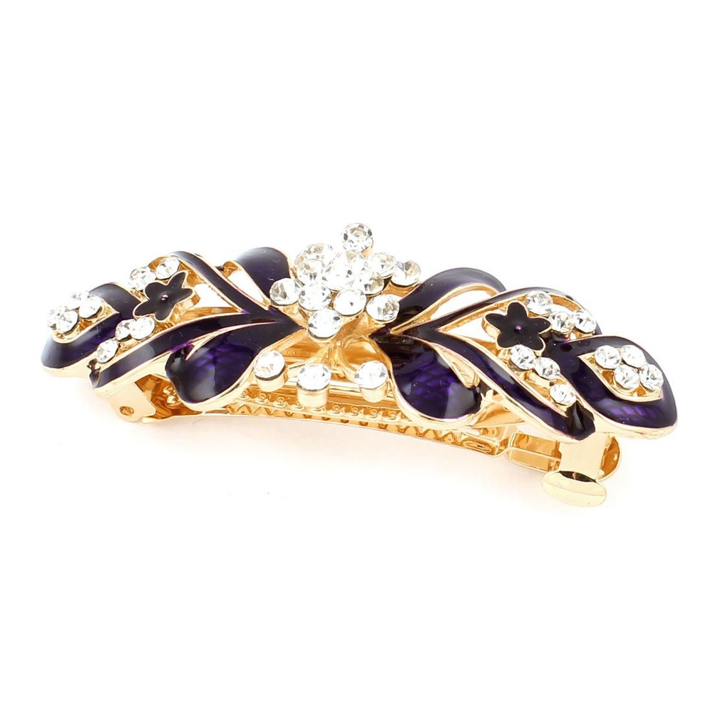 Ruilogod Lady Rhinestone Decor Flower Design French Barrette Gold Tone Purple (id: d0e c6a 57c b3d 66e