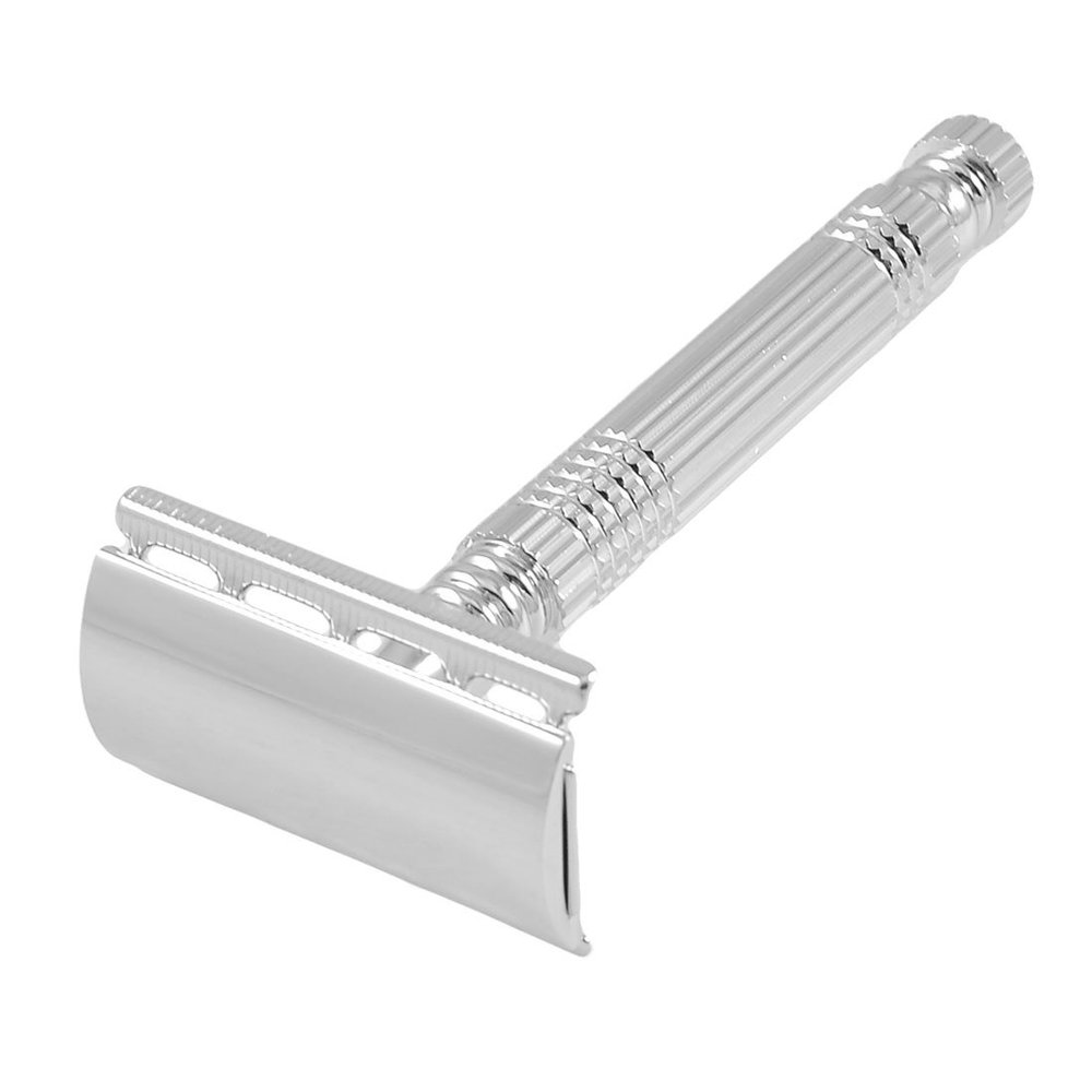 Ruilogod Men Double Edge Blade Nonslip Grip Razor Shaver Silver Tone w Case(id:18 aa1 6b 4b4 519