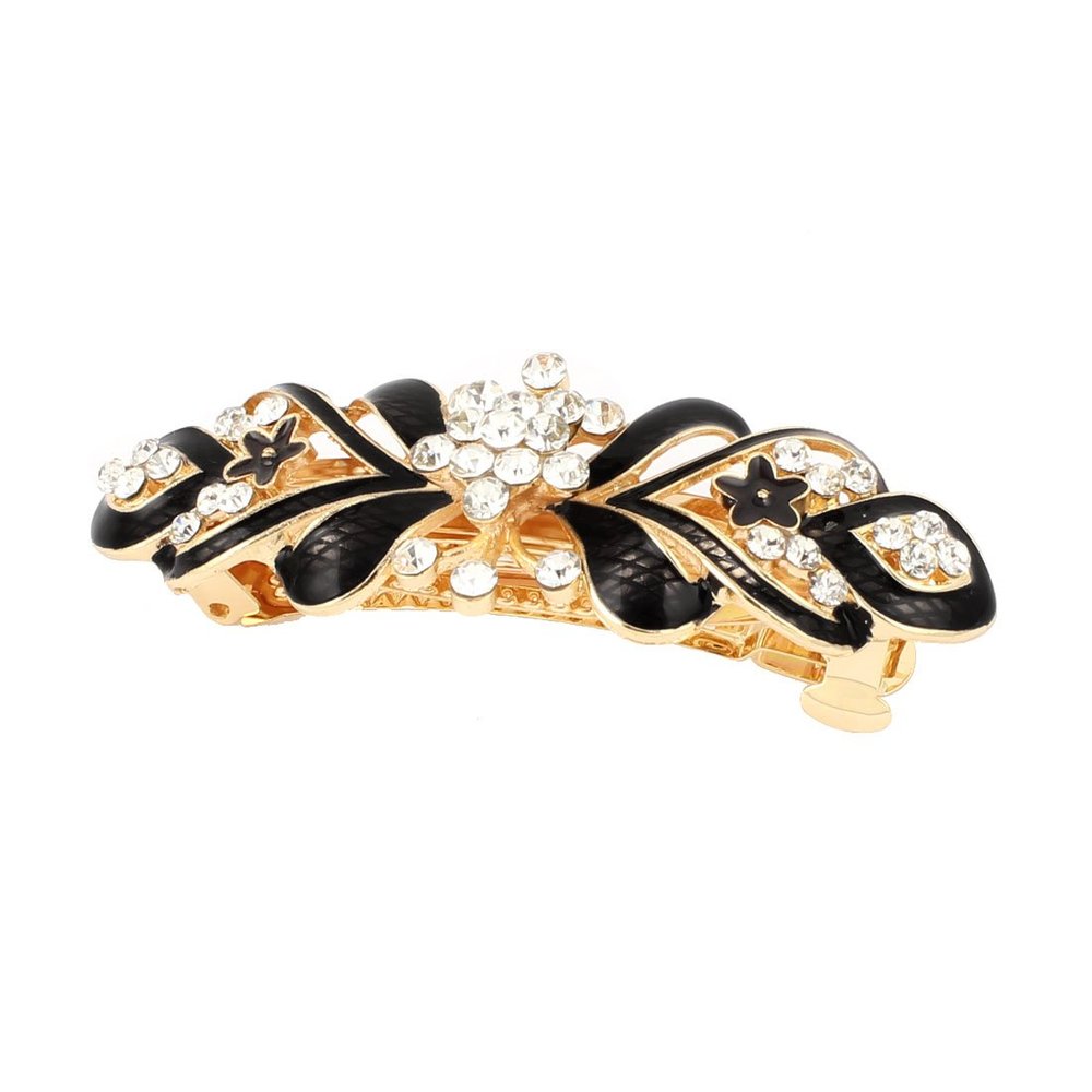 Ruilogod Lady Rhinestone Decor Flower Design French Barrette Gold Tone Black (id: 4ed df0 564 aa2 bd8