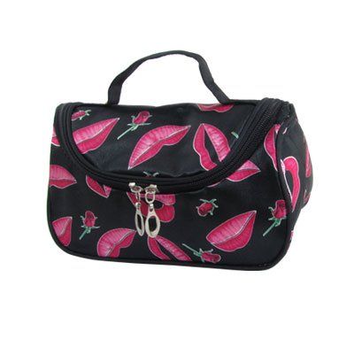 Ruilogod Women Fuchsia Lips Black Zip Up Triangle Cosmetic Bag (id: e64 a63 266 810 fb6