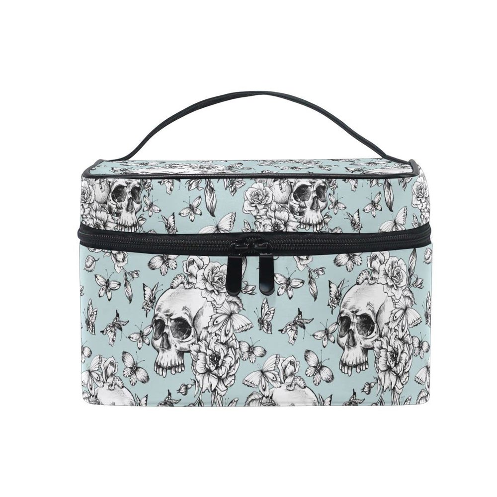 Skull Makeup Bag, Vintage Goth Skull Butterfly Makeup Organizer Bags Toiletry Bag Box Travel Cosmetic Bag Make Up Train Case for Women Teen Girl Ladies