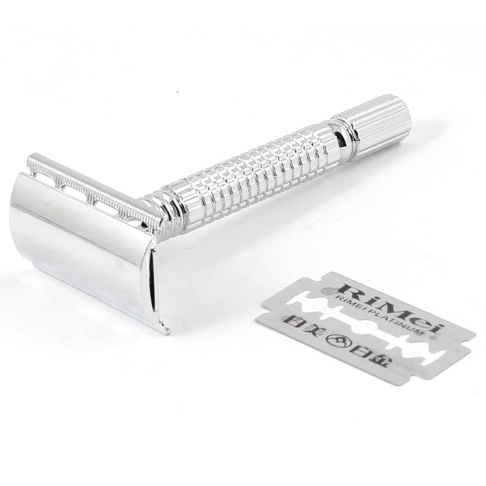 Ruilogod Men Home Silver Tone Metal Manual Shaver w Double Edge Blade (id: 550 8ca e20 1a9 65d
