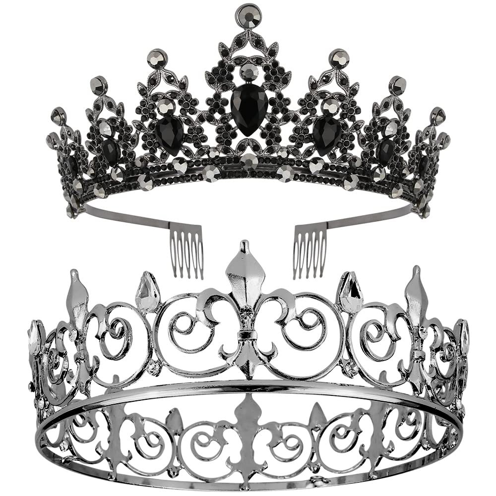 AOPRIE King & Queen Artemis Tiara and Crown for Women Men Crystal Hair Accessories for Wedding Prom Bridal Birthday Party Halloween Costume Christmas Gifts Black Princess Tiara for Girls Boys