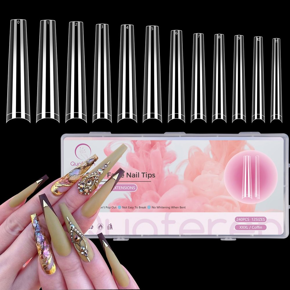 Clear Coffin Nails Tips Fake Nails, 240Pcs XXXL Extra Long Coffin Nail Tips for Acrylic Nails Professional, Half Cover Nail Extension False Nails for Manicure Salon Home DIY Nail Art 12 Sizes