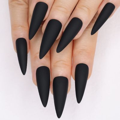 Kikmoya Matte Pure Black Extra Long Stiletto Press on Nails, 24pcs Fake False Nails, Artificial Stick on Manicure for Women