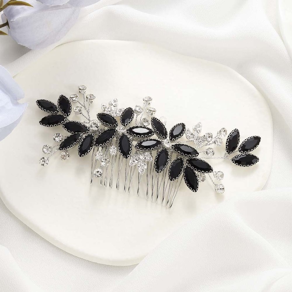 Casdre Crystal Bride Wedding Hair Comb Silver Leaf Bridal Hair Accessories Rhinestone Party Prom Hair Piece for Women and Girls (D Black)