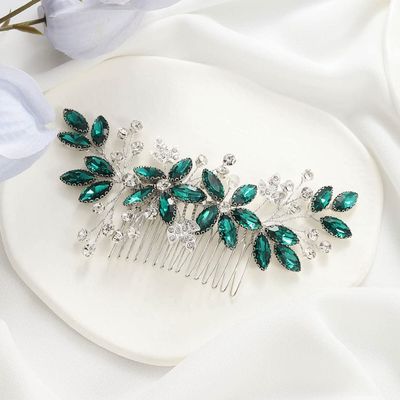 Casdre Crystal Bride Wedding Hair Comb Silver Leaf Bridal Hair Accessories Rhinestone Party Prom Hair Piece for Women and Girls (C Green)