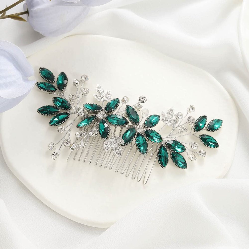 Casdre Crystal Bride Wedding Hair Comb Silver Leaf Bridal Hair Accessories Rhinestone Party Prom Hair Piece for Women and Girls (C Green)