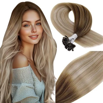 Vivien 22 Inch U Tip Hair Extensions Human Hair Balayage Blonde U Tip Keratin Hair Extensions Chocolate Brown with Golden Blonde to Blonde Utip Hair Extensions 50g/50s