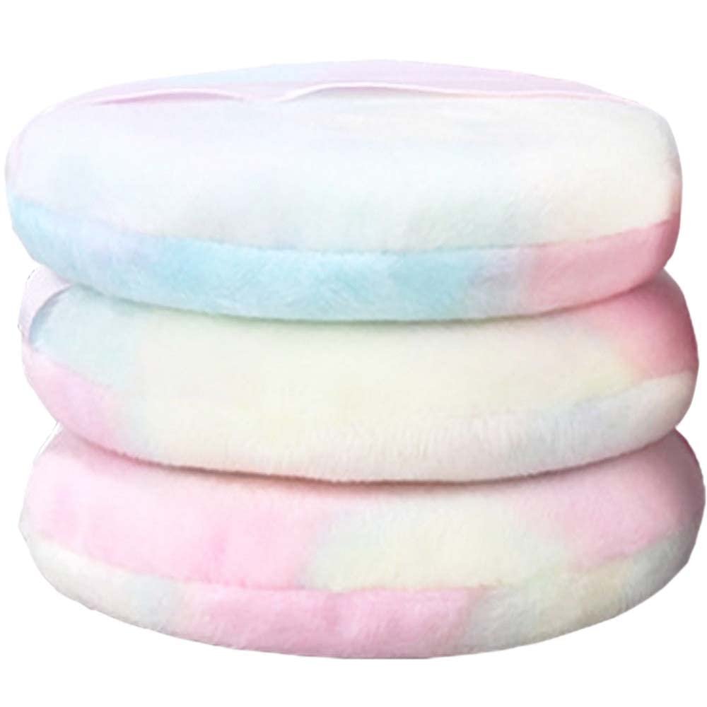 PBQOA 4.13 Inch Large Loose Powder Puffs Reusable Round Ultra Soft Velour Fluffy Body Powder Puff with Ribbon Band Handle Makeup Tool 3 PCS, Colorful