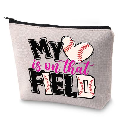 BLUPARK Baseball Mom Makeup Bag Girls Womens Baseball Gift My Heart Is On That Field Cosmetic Bag for Baseball Lovers (Baseball)