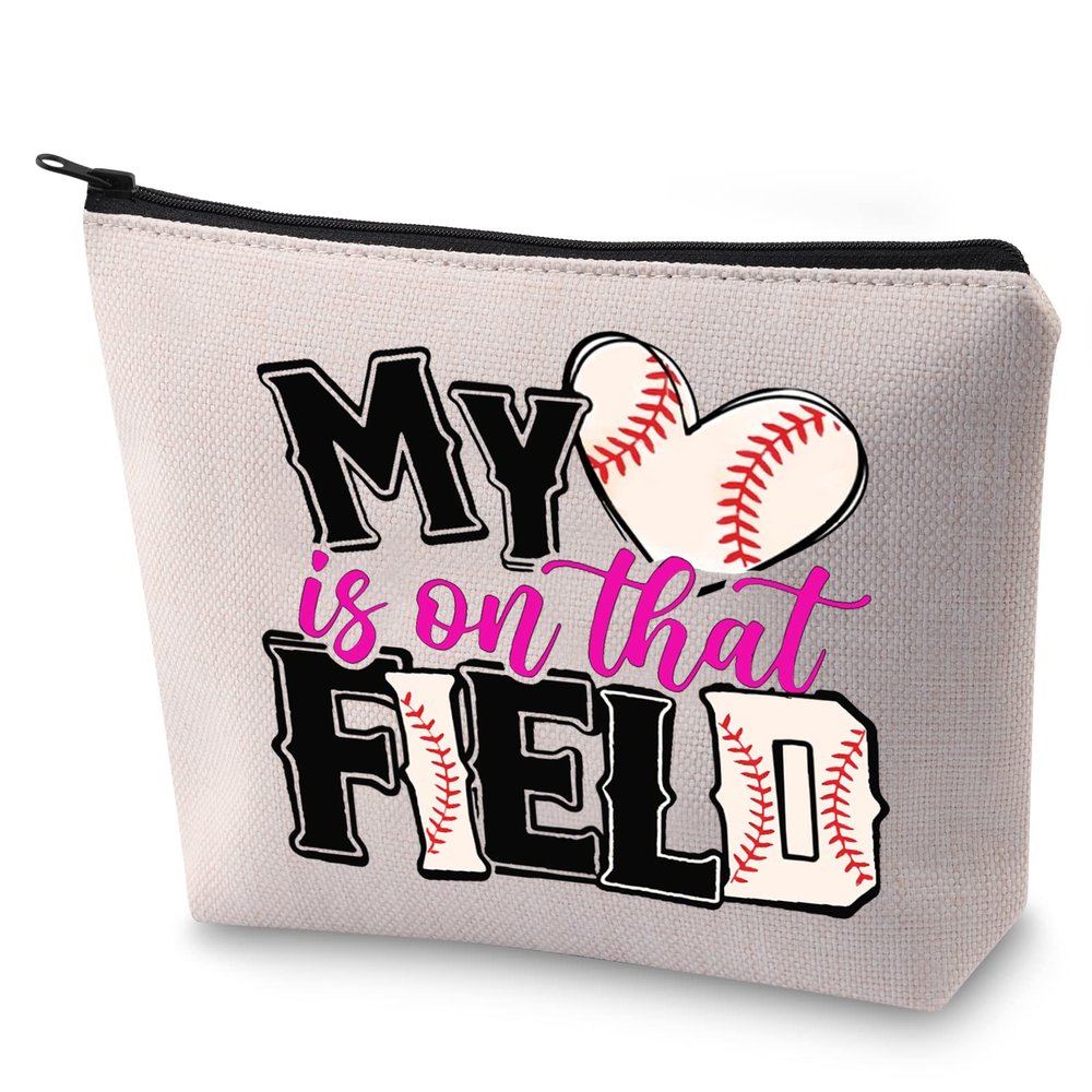 BLUPARK Baseball Mom Makeup Bag Girls Womens Baseball Gift My Heart Is On That Field Cosmetic Bag for Baseball Lovers (Baseball)