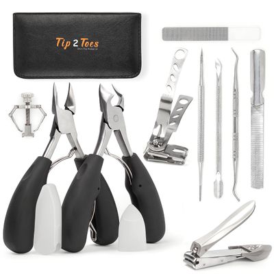 TIP2TOES 10 Pcs Ingrown Toenail Clippers for Seniors Thick Toenails- Heavy Duty Podiatrist Toe Nail Cutter for Men, Professional, and Adults- Easy Grip Handle Stainless Steel Sharp Curved Grooming Kit