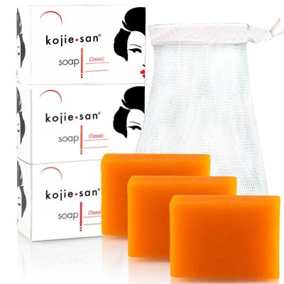 Kojie San Skin Brightening Soap The Original Kojic Acid, Dark Spot Remover Bar Soap with Coconut & Tea Tree Oil 100g x 3 Bars with Net