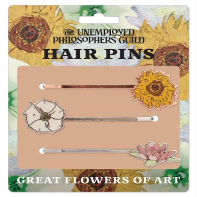 Great Flowers of Art 3 Hair Pins Set - van Gogh Sunflower, O'Keeffe White Flower, and Monet Water Lily