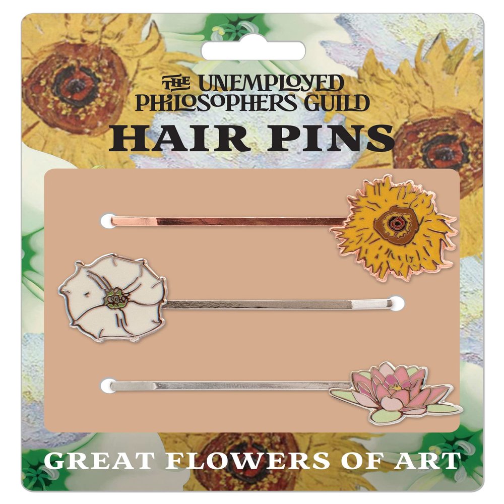 Great Flowers of Art 3 Hair Pins Set - van Gogh Sunflower, O'Keeffe White Flower, and Monet Water Lily