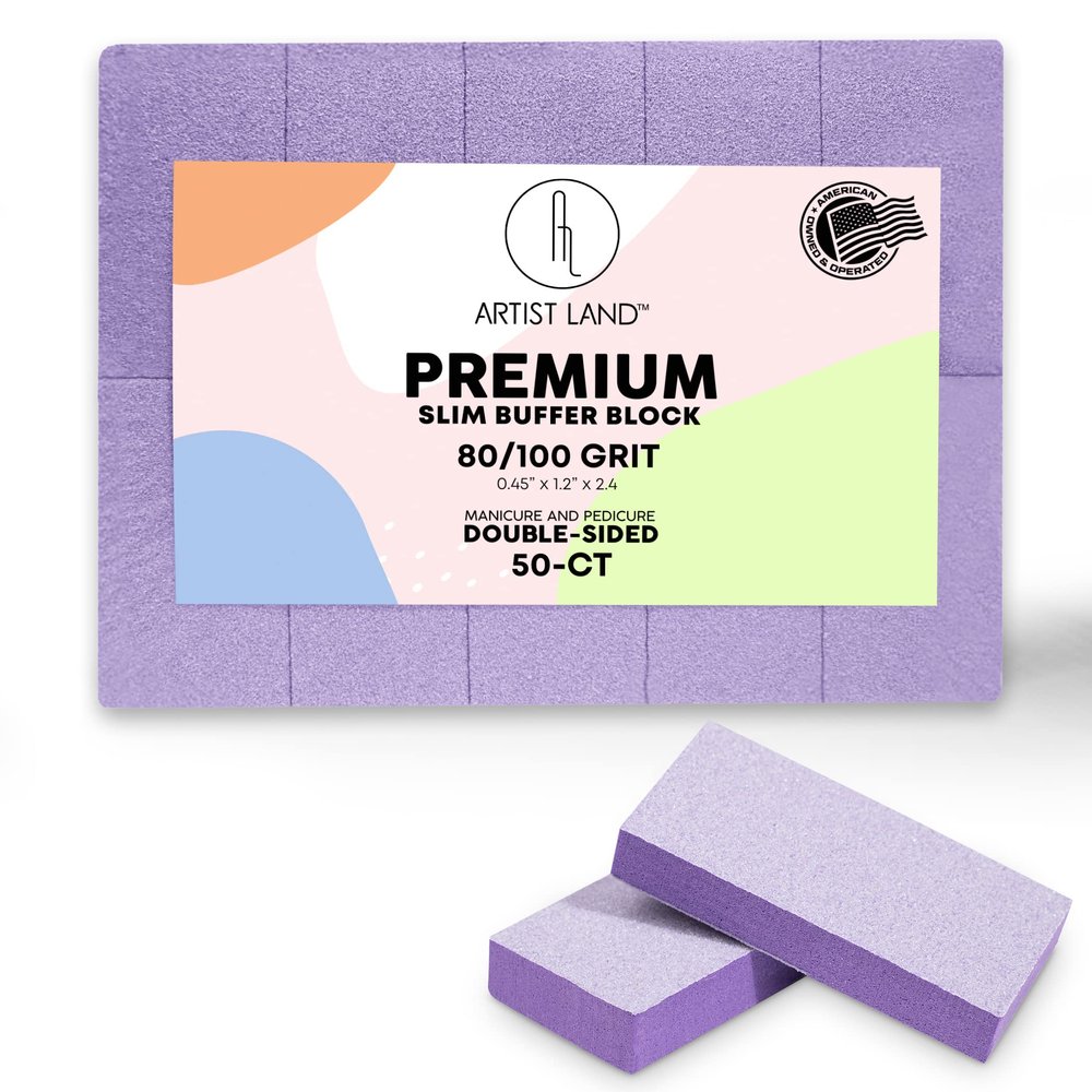 Artist Land Slim Purple Buffer Set  (80/100 Grit) - 50 Ct- Professional Grade Salon Quality Nail Buffing Blocks Pack for Pre-Application of Polish, Gel, Acrylic, Double-Sided Nail Buffer Blocks