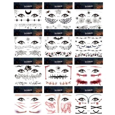 Kotbs 12 Sheets Halloween Temporary Tattoos, Spider Web and Bat Designs, Realistic Fake Bloody Wound and Scar Face Tattoos for Women, Men, and Kids - Perfect for Halloween Party and Cosplay