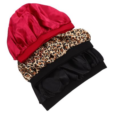 Beavorty 3pcs Satin Wide Rim Hair Bonnet for Women Comfortable Sleep Cap Multi-functional Chemo Hat Shower Cap Housework Essential Leopard