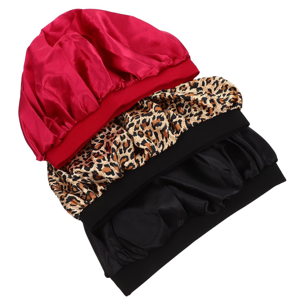 Beavorty 3pcs Satin Wide Rim Hair Bonnet for Women Comfortable Sleep Cap Multi-functional Chemo Hat Shower Cap Housework Essential Leopard