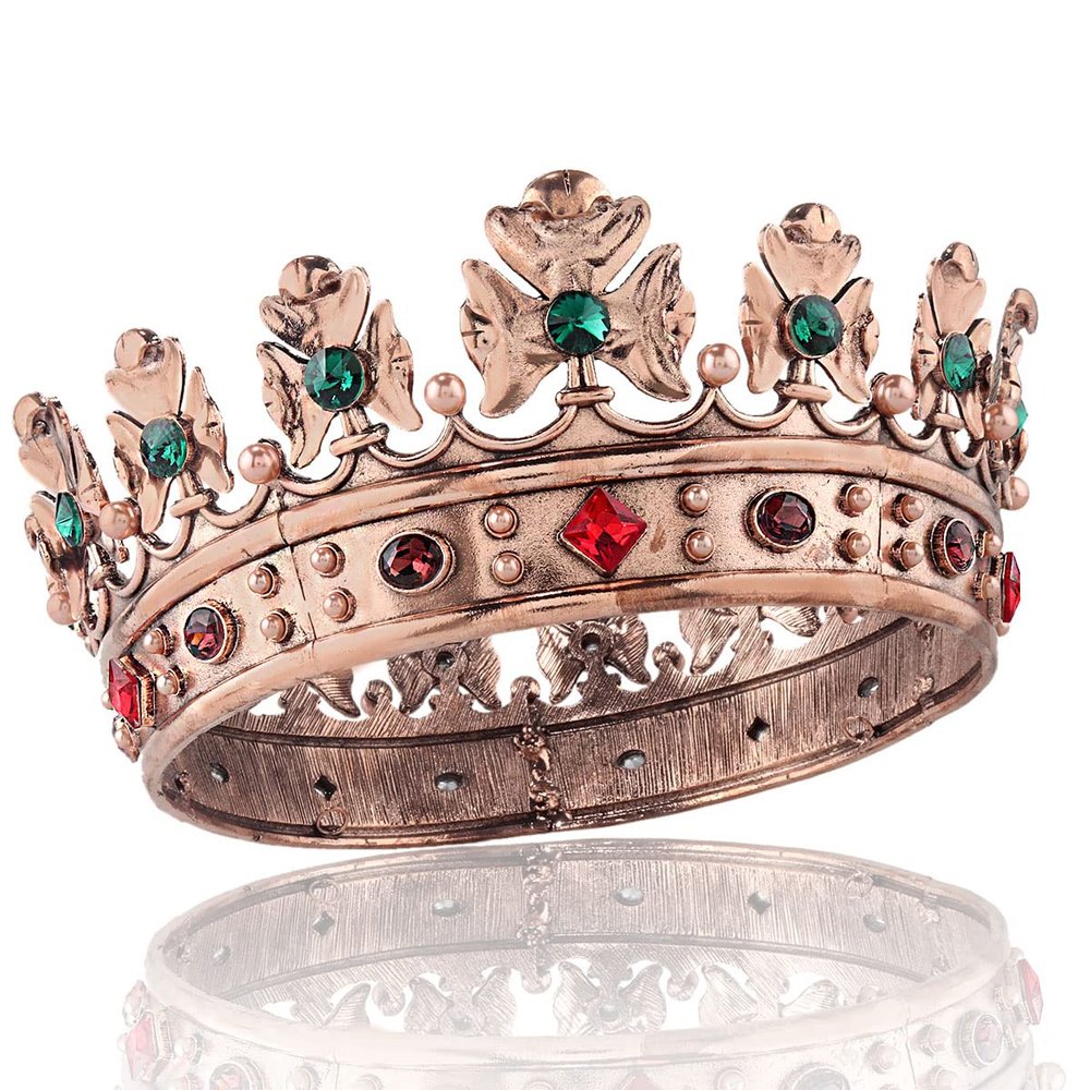 Baroque Royal Crown Men's Metal Prince Crown Full Circle Party Hair Accessories For Cosplay Prom (Bronze With Green Stone)