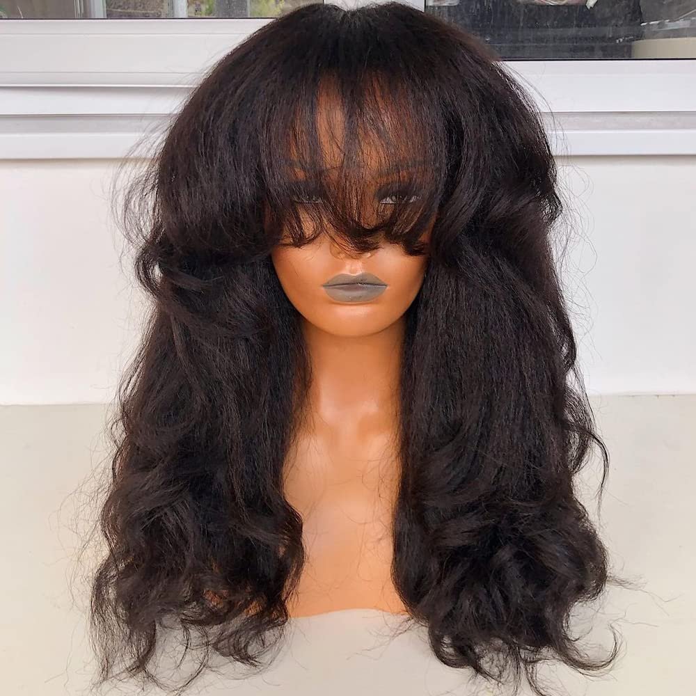 200 Density Yaki Wavy Wigs Brazilian Human Hair Scalp Top Full Machine Made Wig Yaki Wavy With Bangs Remy Human Hair For Women Natural Color 20 Inch