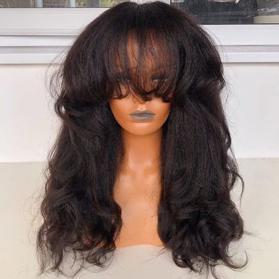 200 Density Yaki Wavy Wigs Brazilian Human Hair Scalp Top Full Machine Made Wig Yaki Wavy With Bangs Remy Human Hair For Women Natural Color 12 Inch